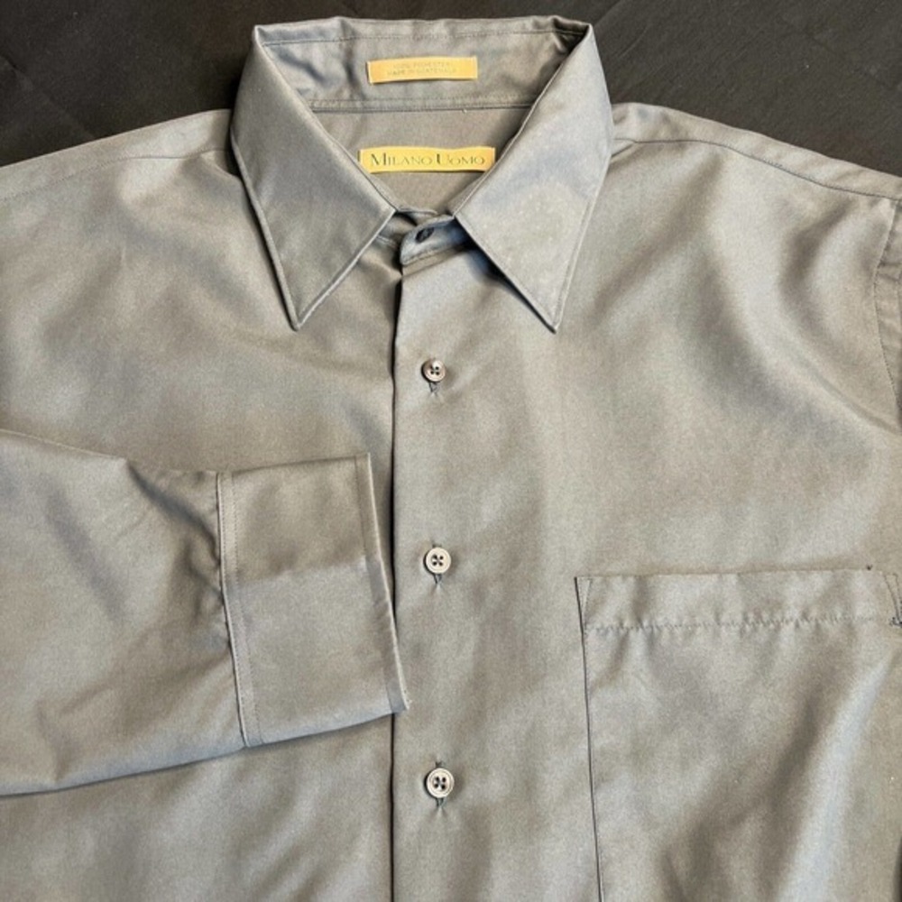 Milano Uomo Olive‎ Green Long Sleeve Dress Shirt 100% Polyester- Size 16.5 34/35